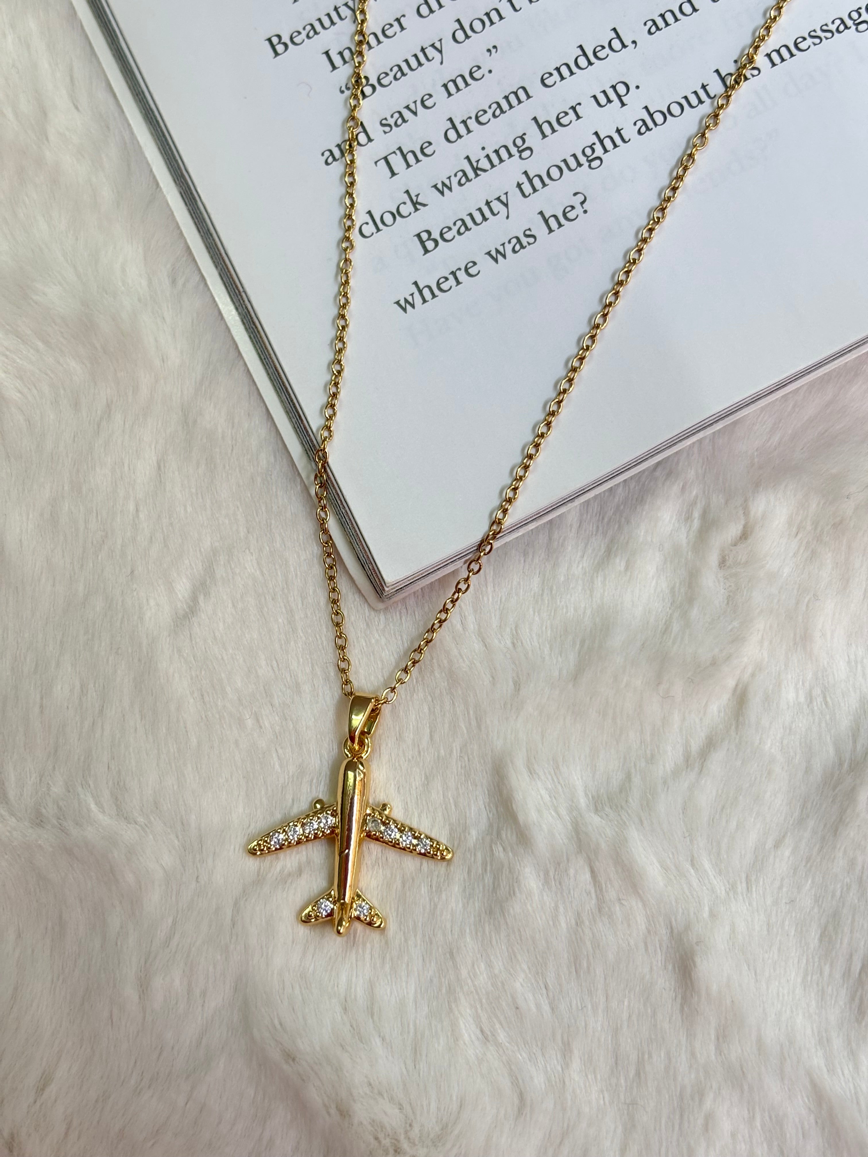 Golden Airplane Pendant Necklace